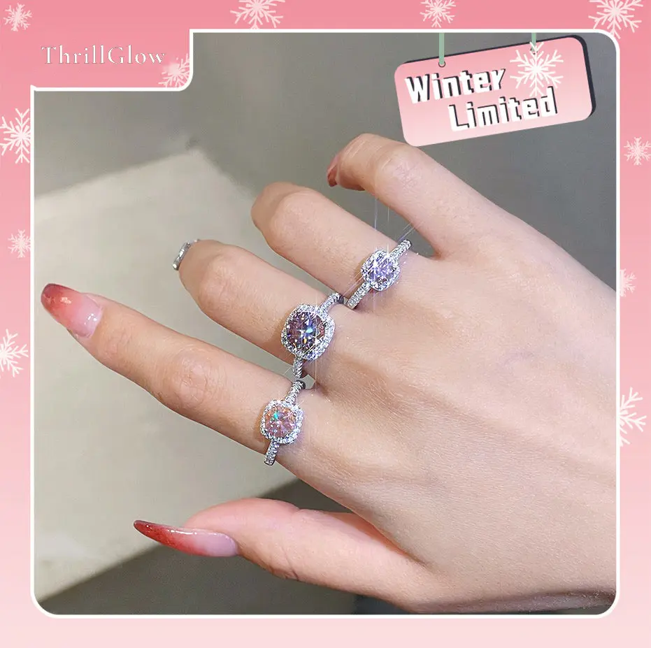 【#120 ThrillGlow】 925 Sterling Silver Sakura Pink Moissanite Rings