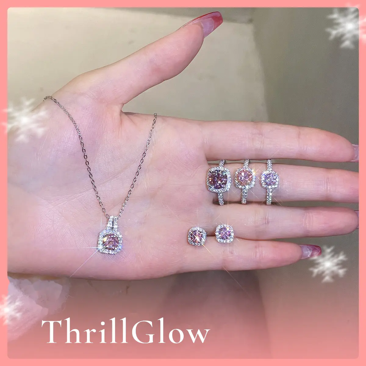 【#120 VIPStreamers】925 Sterling Silver Sakura Pink Moissanite Jewelry Set