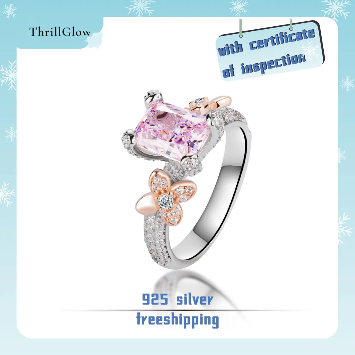 【#126 ThrillGlow】925 Sterling Silver Pink Crushed Ice Cut Rings