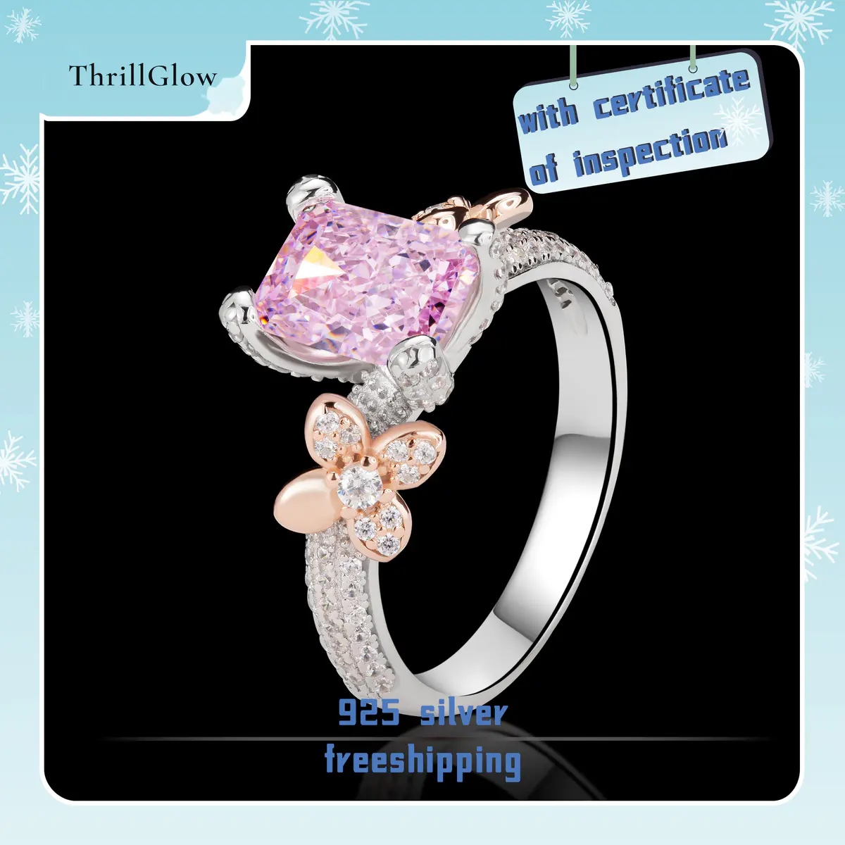 【#126 ThrillGlow】925 Sterling Silver Pink Crushed Ice Cut Rings