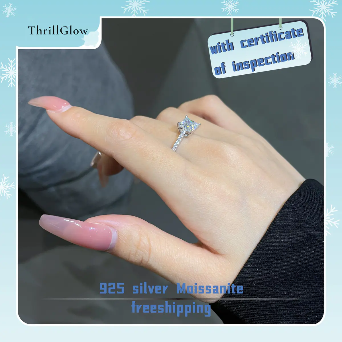 【#46 ThrillGlow】925 Sterling Silver Princess Cut Moissanite Rings