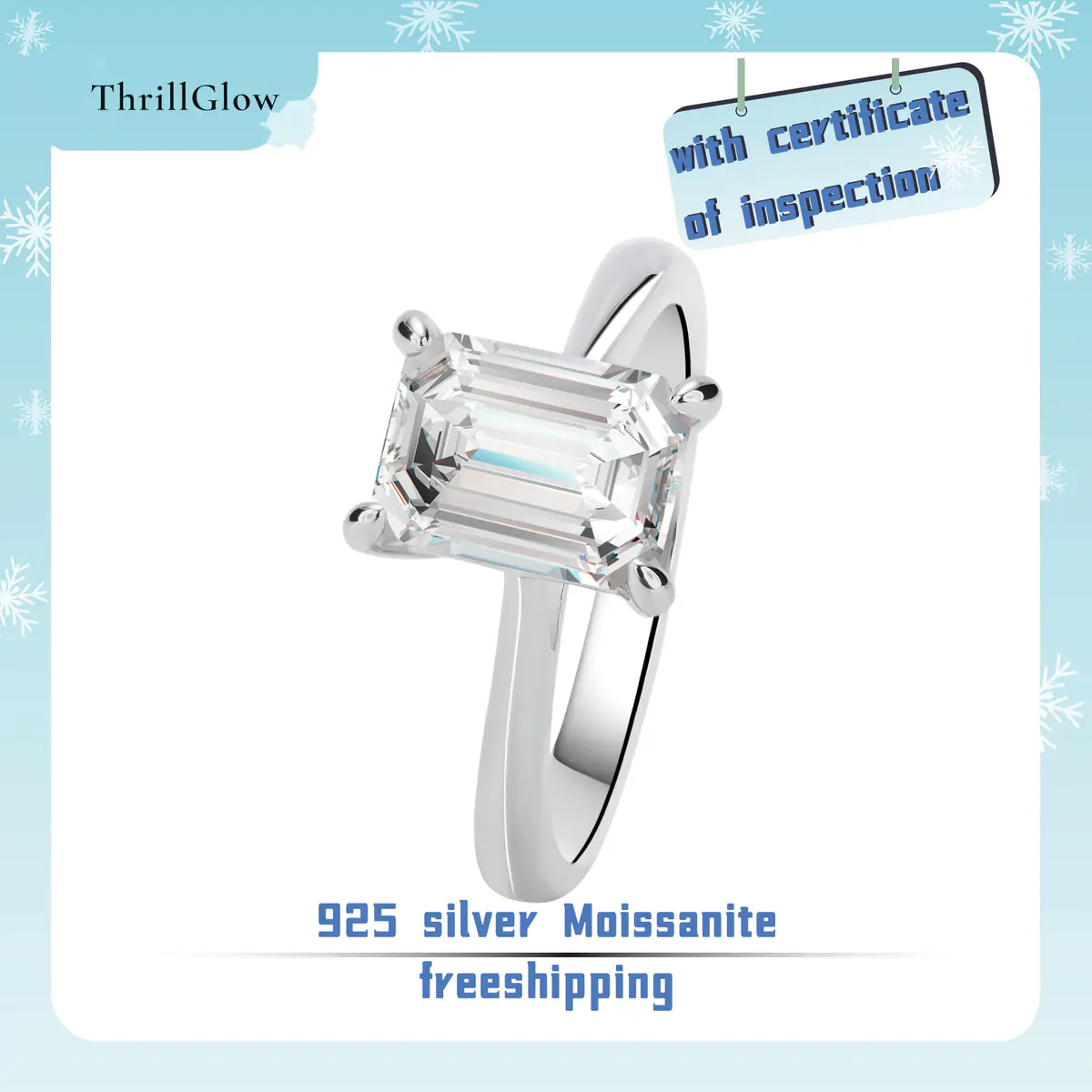 【#52 ThrillGlow】2CT 925 Sterling Silver Emerald Cut Moissanite Rings